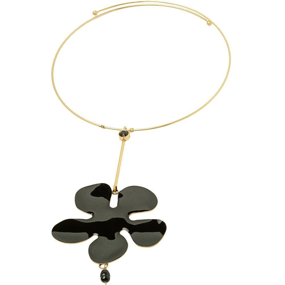 Pilgrim Goldtone Glossy Black Enamel Flower Pendant Choker 15$